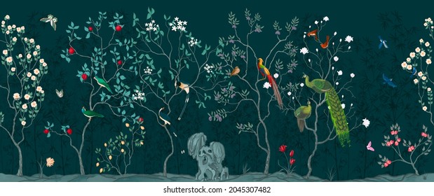 Chinoiserie Vintage floral illustration for wallpaper, fabric, packaging. Mural. Bloom. Seamless background with exotic birds and flowers