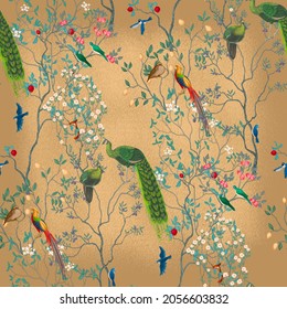 Chinoiserie Vintage floral illustration for wallpaper, fabric, poster, print. Mural. Bloom. Seamless background with exotic birds and flowers