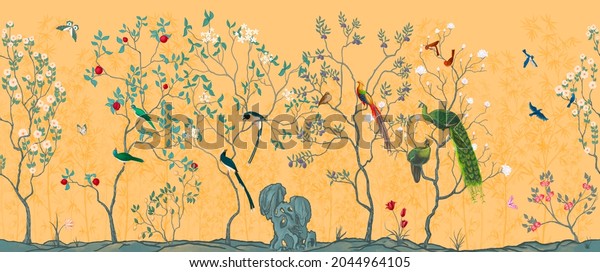 Chinoiserie Vintage floral illustration for wallpaper mural. Bloom. Seamless background with exotic birds and flowers.