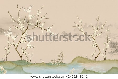 Chinoiserie wallpaper. Tree by the lake. Misty landscape. Tree with birds in the Japanese garden. the mural, Wallpaper for interior printing.