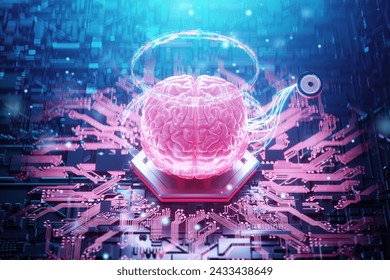A chip implanted in the brain, neurotechnology, a microprocessor connected electrically to human neurons. Neural networks, biotechnology, biohacking, artificial intelligence. 3D render, copy space