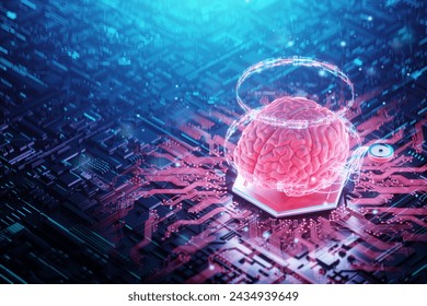 A chip implanted in the brain, neurotechnology, a microprocessor connected electrically to human neurons. Neural networks, biotechnology, biohacking, artificial intelligence. 3D render, copy space