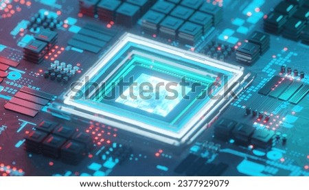 Chipset on circuit board for semiconductor industry, 3d rendering