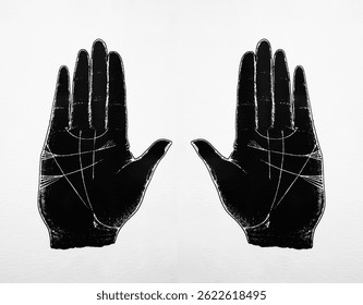 Chiromancy. line contours on human palm, isolated on grey gray white background. Tarot hand showing the zones and palmistry markings of the palm and fingers upright 