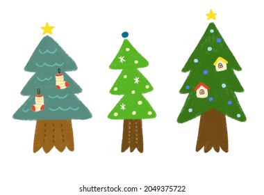 Chirstmas trees with decorations , hand drawn illustration