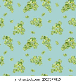 Chlorella algae cells in watercolor on green-blue aquatic background. Seaweed seamless pattern clipart. Great for product packaging, wellness branding, nutritional superfood supplements - Powered by Shutterstock