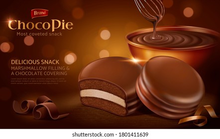 Choco Pie Ad Template, Realistic Cake With A Bowl Of Rich And Smooth Chocolate Cream, 3d Illustration