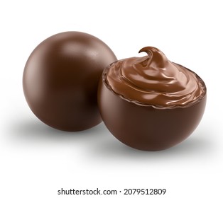 Chocolate balls with liquid chocolate sauce on a white background. 3d rendering.