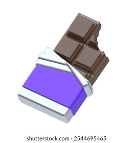 Chocolate bar, bite, wrapper, 3D icon, chocolate, sweet, candy, snack, pastry, craving, food, confectionery, product marketing, delicious food, chocolate packaging, wrapped snack