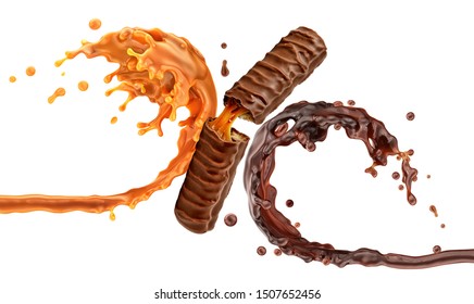 Chocolate Bar With Confectionery Toppings, Liquid Milk Chocolate, Delicious Sweet Caramel Sauce Swirls Waves 3D Splash. Chocolate Dessert Bar Consisting Of A Biscuit, Cookie And Caramel Design Element