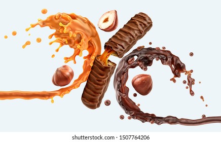 Chocolate Bar With Confectionery Toppings, Liquid Milk Chocolate, Hazelnuts, Delicious Sweet Caramel Sauce Swirls Waves 3D Splash. Chocolate Dessert Bar Consisting Of A Biscuit, Cookie, Nuts, Caramel