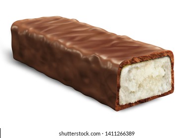 Chocolate bar isolated white background. Sweet chocolate bar with nuts and caramel. Cracked Chocolate bar with caramel, nougat, coconut with Clipping path. 3d rendering - Illustration