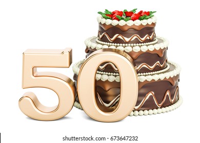 Chocolate Birthday cake with golden number 50, 3D rendering isolated on white background - Powered by Shutterstock