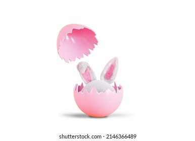 Chocolate broken egg and rabbit ears, 3d rendering. Rabbit ears sticking out of a broken egg. Design element for a happy Easter, isolated on a white background