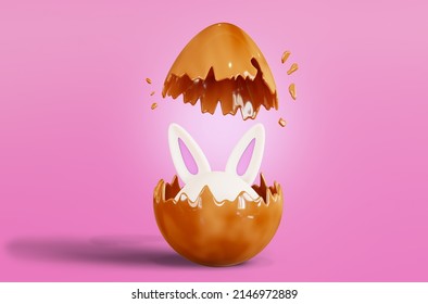 Chocolate broken egg and rabbit ears, 3d rendering. Rabbit ears sticking out of a broken egg.  Happy Easter banner, poster, greeting card
