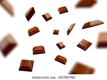 Chocolate broken into pieces in the air on a white background Milk chocolate pieces on white isolatedchocolate. Clipping Path Image stack Full depth of field macro shot 3d illustration 3d rendering