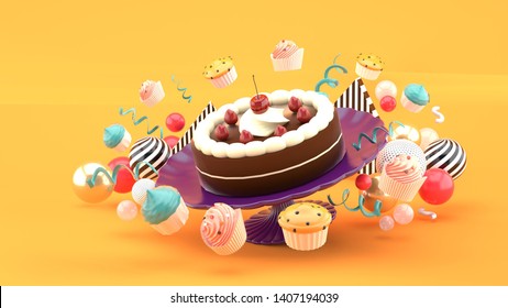 Chocolate cakes and strawberries surrounded by cupcakes and colorful balls on an orange background.-3d rendering.