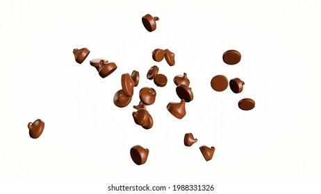 Chocolate chips morsels or drops, Falling flying isolated on white background 3d illustration