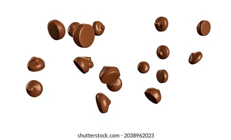 Chocolate Chips Morsels Or Drops From Top View Closeup On White Background Falling Flying Chocolate Chips 3d Illustration