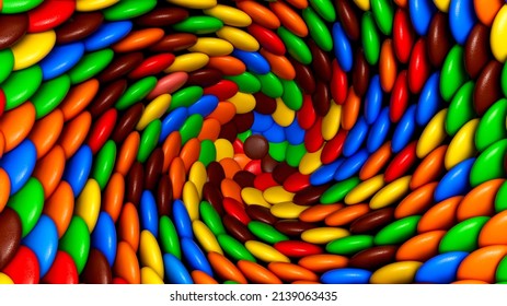 Chocolate Coated Candies Spiral Background Abstract Colorful Candy Swirl Spiral Round Button Candies 3d Illustration