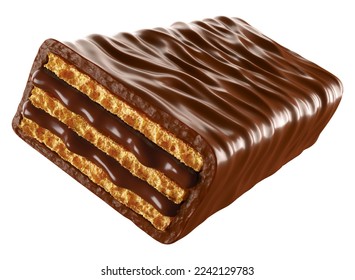 Chocolate coated Crispy wafer. Clipping path 3d illustration. Isolated on background.