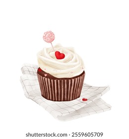 Chocolate cupcake with buttercream and heart on napkin. Watercolor digital illustration. Sweet candy on a stick stuck in cream, isolated on white background. For wedding, Valentine's Day - Powered by Shutterstock