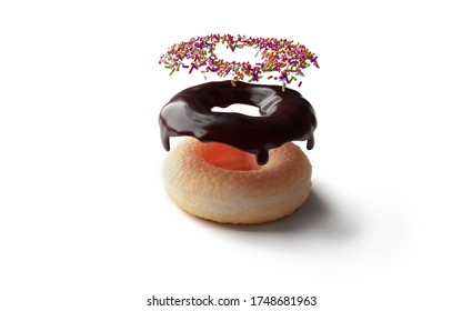 Chocolate donut with chocolate icing and sugar sprinkles floating . Exploded view. Flying Donuts. Concept image for seeing in components, layers or stacking elements.  3D rendering. 