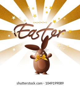 Chocolate Easter Bunny With Golden Ribbon Bow And Text Isolated On Stars