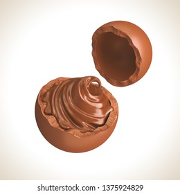 Chocolate Easter Egg Broken With Dark Chocolate Cream Inside, 3d Rendering.