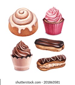 Chocolate Eclair, Cinnamon Bun And Cupcakes Illustrations