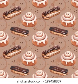 Chocolate Eclair And Cinnamon Bun Illustrations. Seamless Pattern