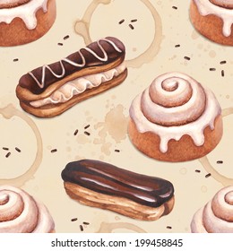 Chocolate Eclair And Cinnamon Bun Illustrations. Seamless Pattern