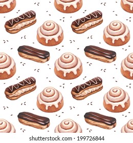 Chocolate Eclair And Cinnamon Bun Illustrations. Seamless Pattern