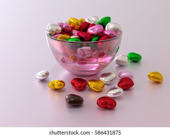 Chocolate Heart-shape Candy Wrapped In Multicolored Foil Filling A Pink Crystal Bowl And Lying On White Background. 3D Rendering Illustration. 