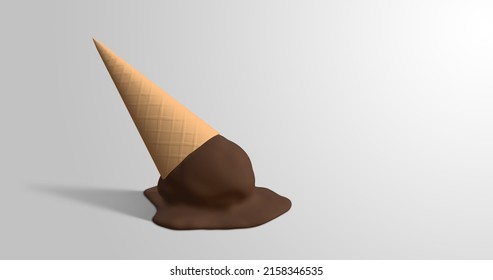 Chocolate ice cream cone melting and dropped onto the floor. 3D rendering Image.