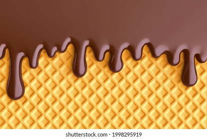Chocolate ice cream, melted chocolate and wafer background. 3D rendering