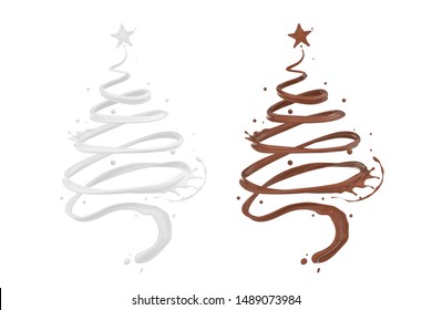 Chocolate And Milk Splash, Christmas Tree Shape, 3d Rendering.