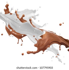 Chocolate And Milk Splashing Isolated On White