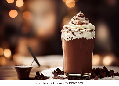 Chocolate milkshake in glass whipped cream topping. Bokeh background. 3d render - Powered by Shutterstock