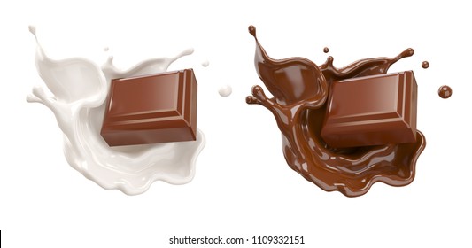chocolate pieces falling on chocolate sauce and Milk cream splash 3d illustration.