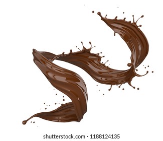 Chocolate splash isolated on white background, liquid or paint pouring, 3d illustration.