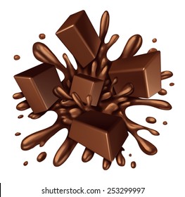 Chocolate Splash Liquid With Chunks Of Melting Candy Exploding With A Blast Of Dripping Sweet Brown Syrup Isolated On A White Background As A Food Ingredient Element Symbol.