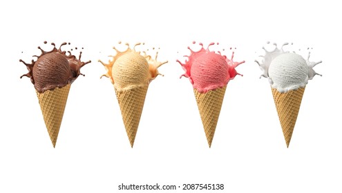 Chocolate, vanilla milk and pink strawberry Ice cream splash in the cone on white background include clipping path 3d rendering.