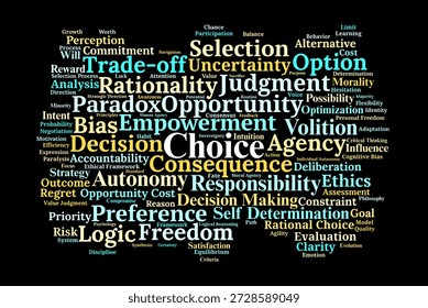 Choice Word Cloud. A Professional Visual Overview of Autonomy, Selection, and Rationality. Explores Psychological Frameworks for Decision Processes and Individual Freedom.