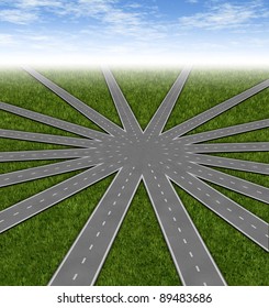 Choices And Strategies Symbol Represented By A Network Of Roads And Highways Merging To A Center Point As Many Options And Paths Available With Multiple Paths To A Unified Strategy.