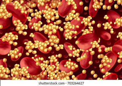 Cholesterol In Blood With Fatty Cells Flowing In An Artery As A Cardiology Health Disease In The Human Body As A Symbol For Hardening Of The Arteries Or Clogged Circulation As A 3D Illustration.