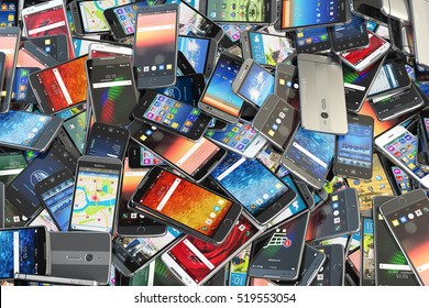Choose mobile phone. Heap of the different smartphones with different application on the screen. Modern technology concept background. 3d illustration