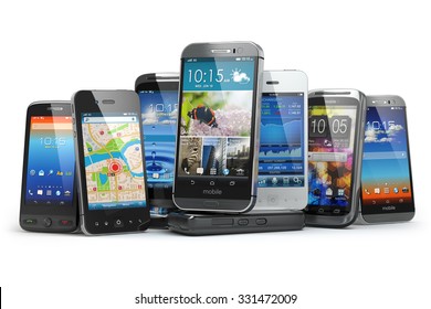 Choisissez un téléphone portable. Rangée des différents smartphones. 3d