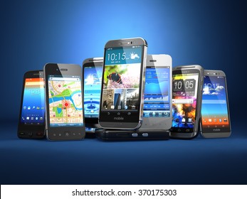 Choose Mobile Phone. Row Of The Different Smartphones On Blue Background. 3d