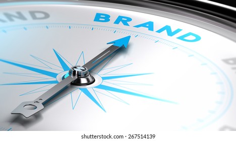 Choosing a brand name concept. 3D image with a compass with needle pointing the word brand. Blue and white tones.